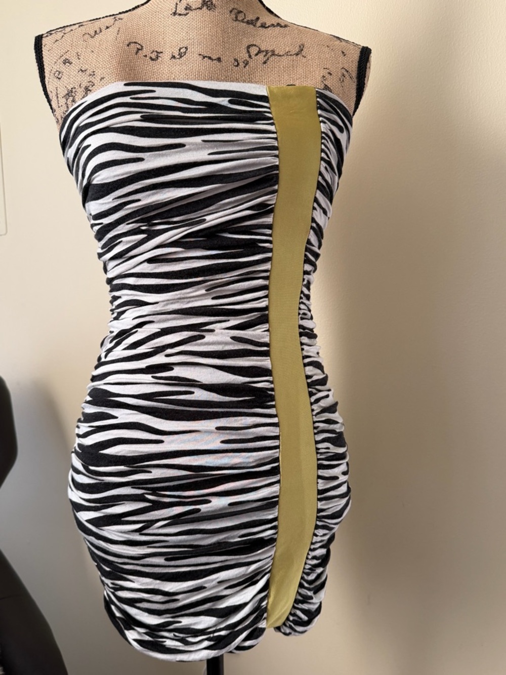 Bebe Black and White Zebra-Print Strapless Dress with Green Panel